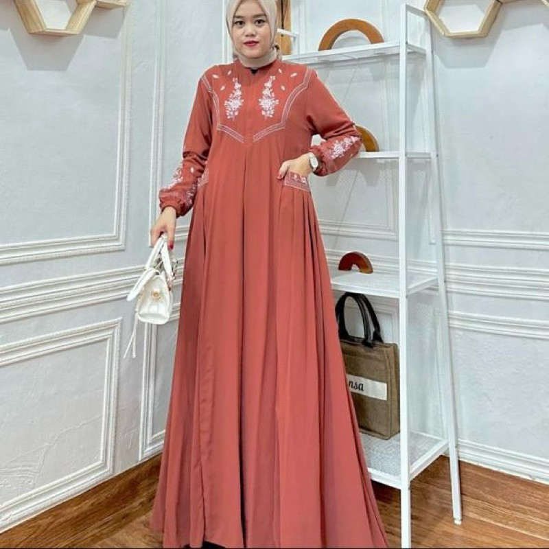 Leony Gamis Dress Bordir Wanita Muslimah Bahan Crinkle Airflow Premium