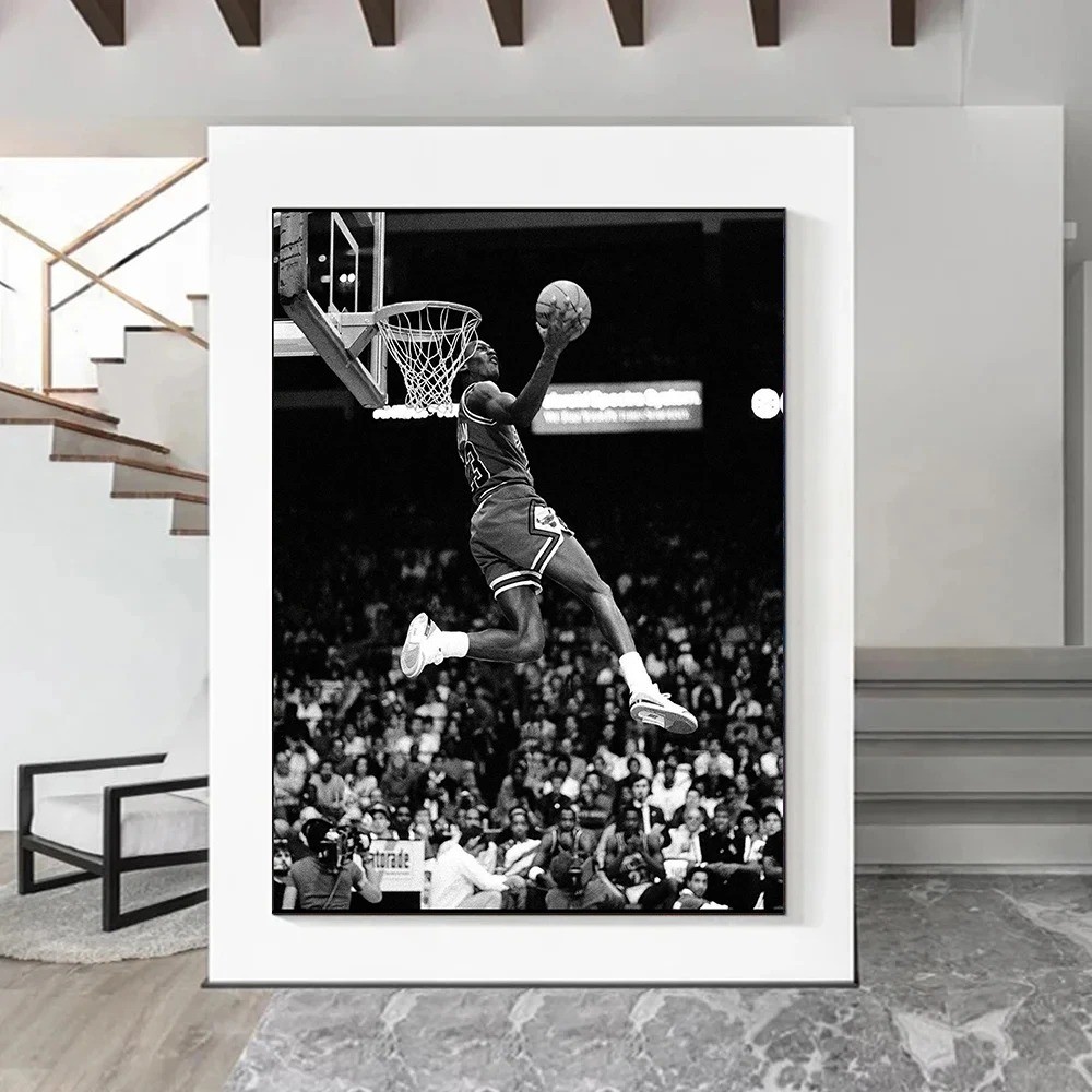 

Black and White Basketball Star Classic Action Micheal Jordan Dunk Layup Wall Art Canvas Painting Home Decor