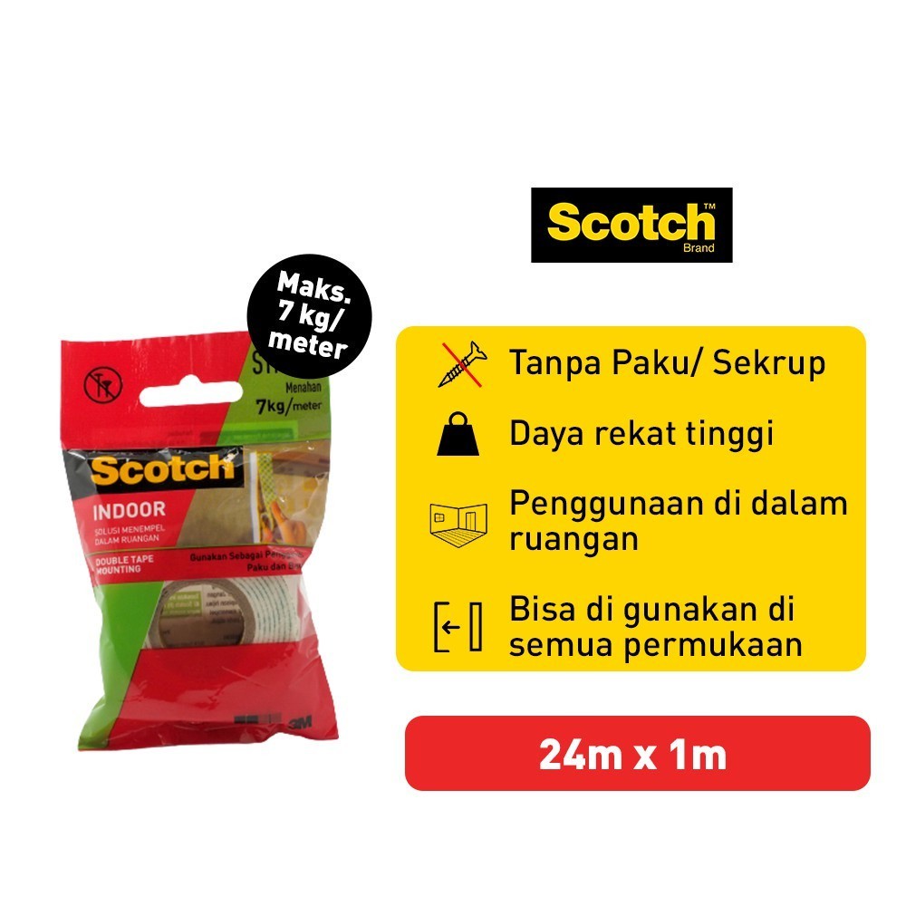 

3M™ Scotch® Double Tape, 2 sisi menempel kuat, 1 pc, 24 mmx1 m, Untuk pengganti paku