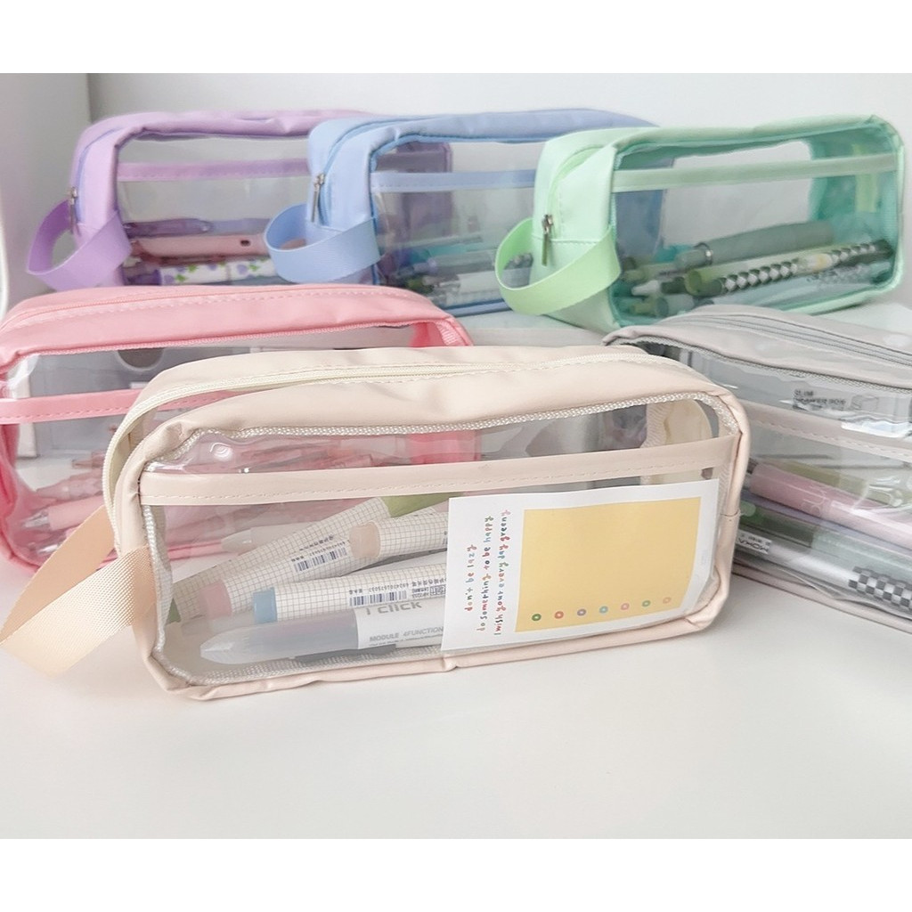 

kotak pensil transparan pouch pencil case aesthetic tempat pensil large stationery organizer alat tulis tempat pensil anak perempuan berwarna-warni study stuff