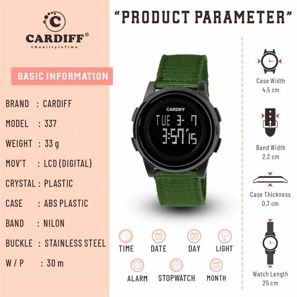 CARDIFF LCD 337 Jam Tangan Nilon Digital Unisex Water Resist