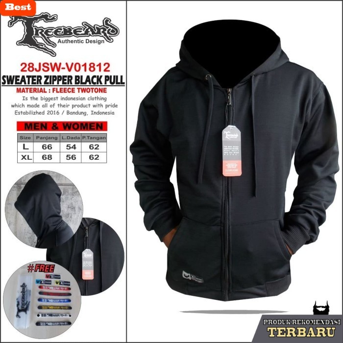 hoodie pria keren JAKET PRIA ORIGINAL TREEBEARD / SWEATER HOODIE COWOK / WARNA HITAM - Hitam, L