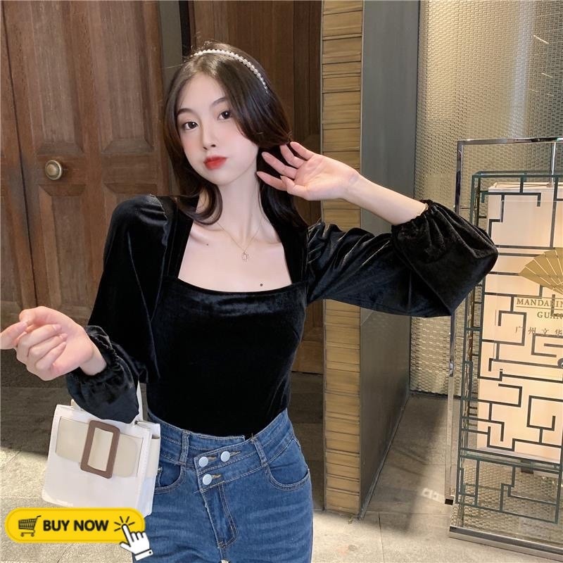 Korean blouse top square neck velvet (Bludru, Tidak crop) /atasan wanita baju natal / Blouse  gaya k