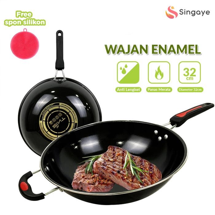 SINGAYE Wajan Penggorengan enamel 32 cm dengan gagang YK-823 - wajan enamel 32 cm