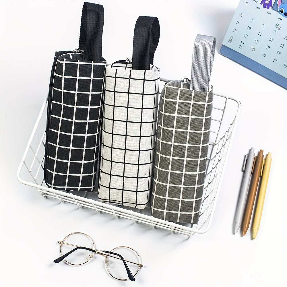 

1 Simple large-capacity canvas pencil case, plaid pattern stationery storage bag, student hand-held fashion school supplies