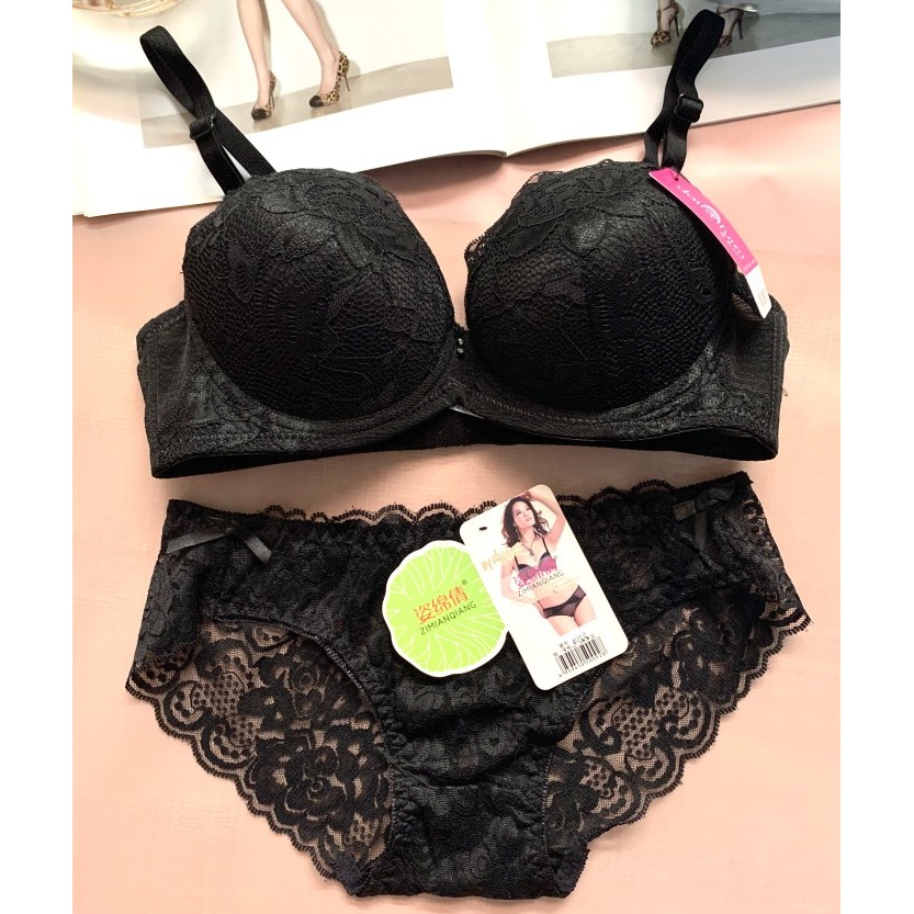 Bra set, bra push up kawat, bra busa tebal kawat, Bra sexy - Hitam, 32