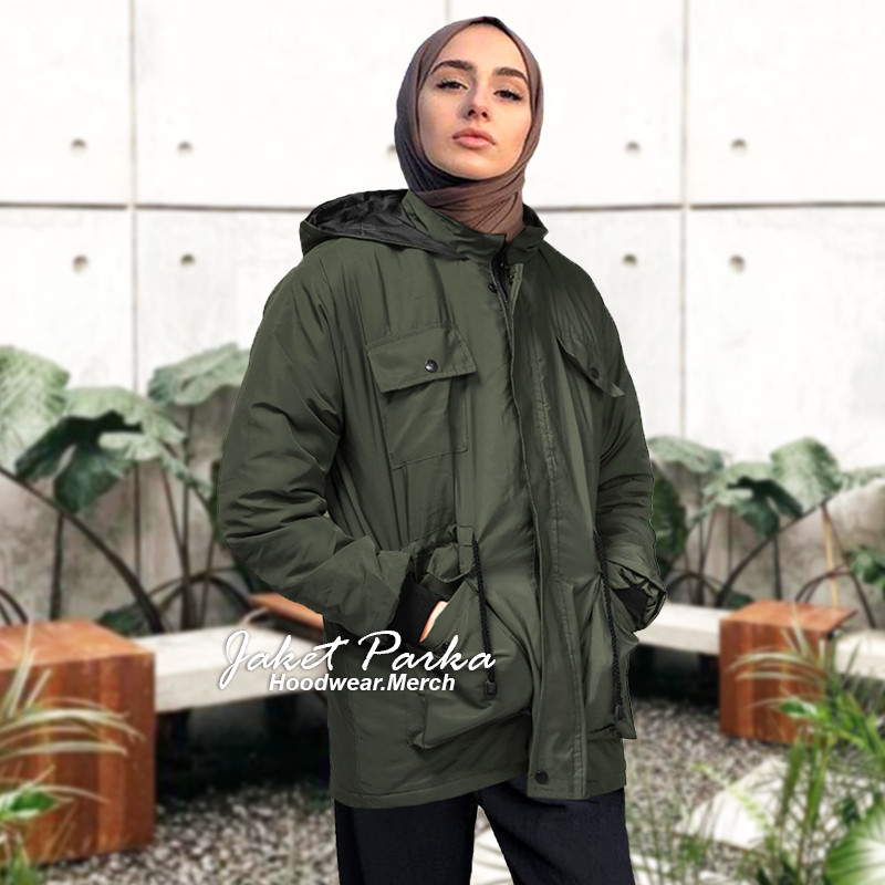Jaket Wanita Parka Warna Army Hijau Tua Jaket Parka Cewek Jumbo Jaket Muslimah Hijab Jaket Korea