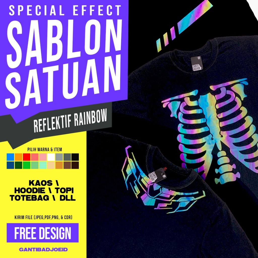 

GANTIBADJOE Cetak Custom Desain Sablon POLYFLEX REFLEKTIF RAINBOW Ukuran A5/A4/A3