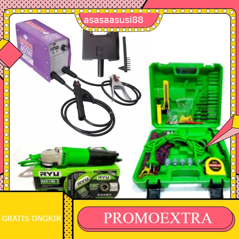 New-Paket Mesin Las Lakoni 450 Watt-Gerinda Tangan 4Inch Ryu -Bor Tangan 10 Mm Bolak Balik Retto Fre