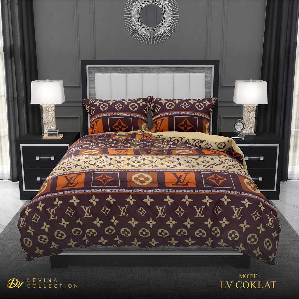 Devina Collection Bedcover Sprei Set Karet Anti Geser Motif Classic Lv Coklat  Uk King 180x200