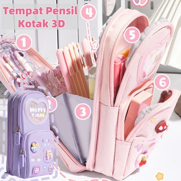 

6.6 Tempat pensil kotak 3D Anak perempuan Lucu Besar/ Kotak pensil kanvas 6 ruang/Kotak pensil anak sekolah/Tempat pensil kapasitas besar stroberi/ceri/es krim