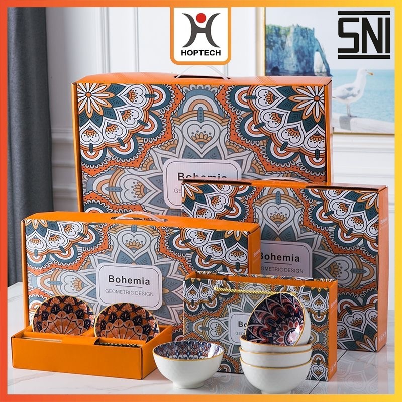 Gift Set Hampers Keramik | Mangkok & Piring Bohemian | Souvenir Parcel Cantik