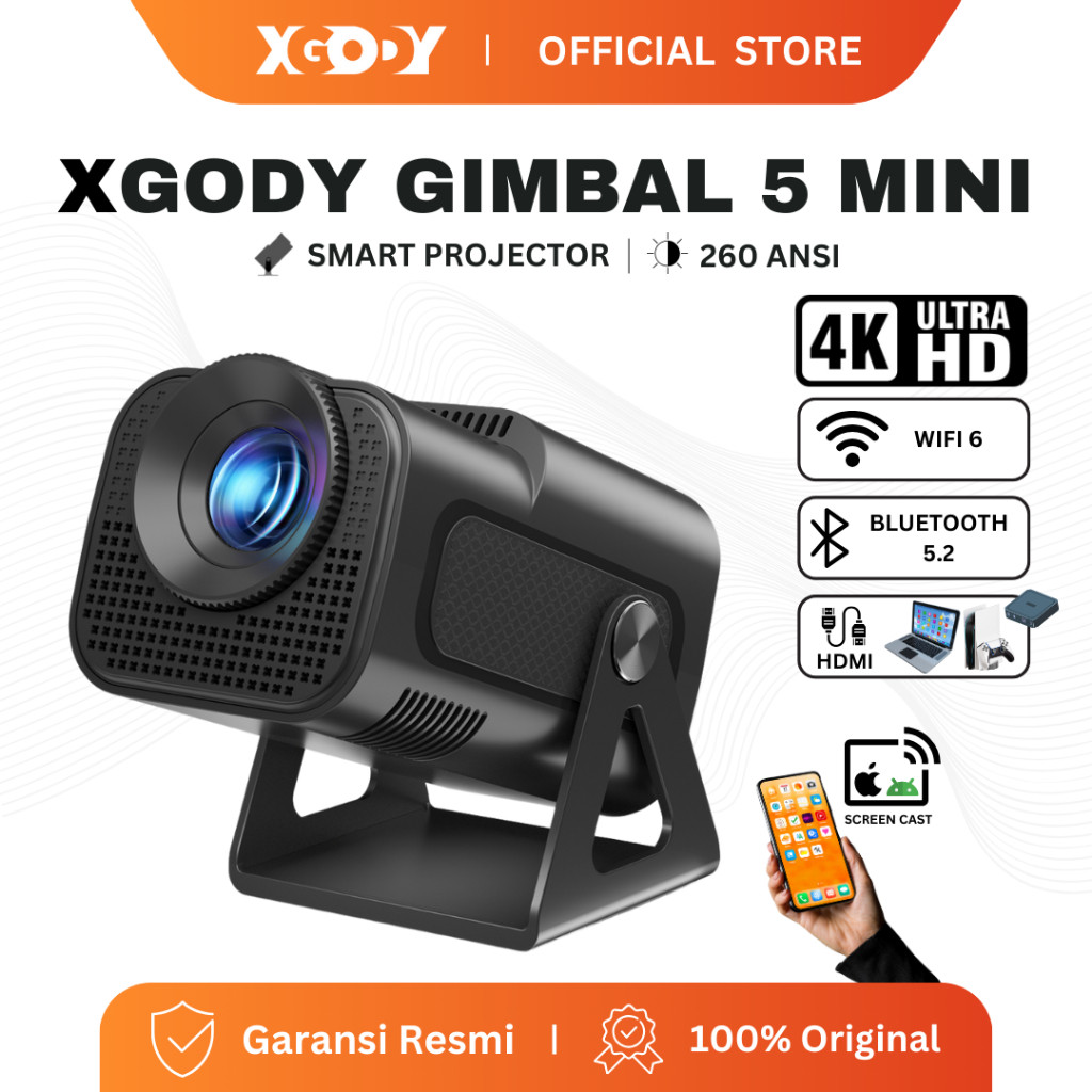 XGODY Gimbal 5 Min Smart Proyektor LCD - Android11 -HD 720P - MirrorLink - Auto Keystone - 260 ANSI