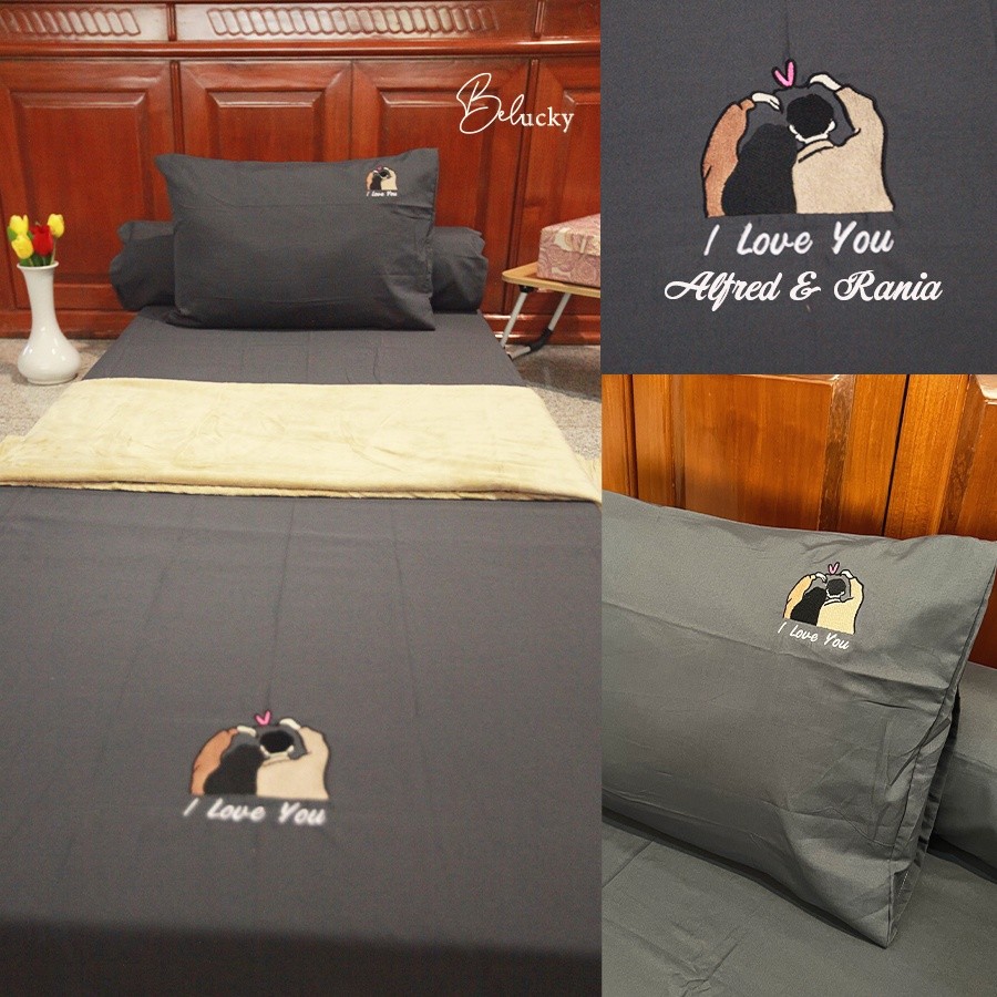 Sprei Set Katun Motif Bordir Custom Nama Premium Kado Pernikahan Seserahan Wedding Hampers 120x200 /