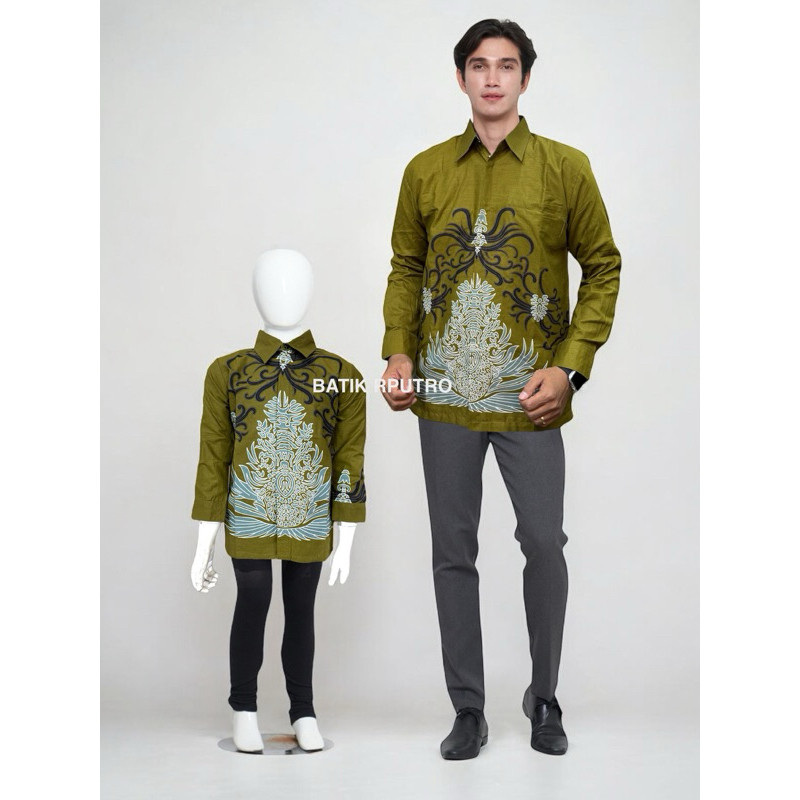 HIJAU OLIVE MAHKOTA,Batik Couple Ayah dan Anak Lengan Panjang Lapisan Furing Katun hero warna OLIVE,
