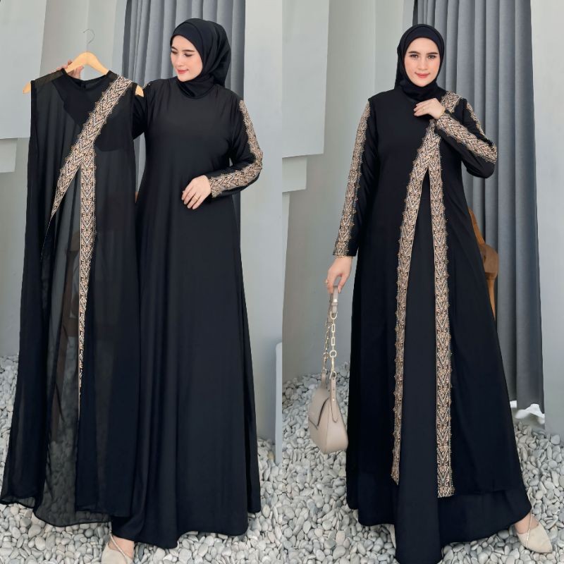 GAMIS ABAYA TURKEY ROMPI LEPAS OUTER BORDIR ZIVANNA FULL HITAM