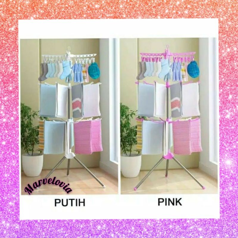 marvelashop|(Putih) JEMURAN MENARA BAJU BAYI SUSUN 3 TRIPOD DENGAN HANGER ROTASI TERLARIS
