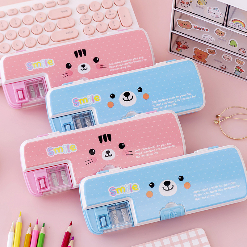 

1 Pcs Cute A Double-sided Stationery Box Children's Cartoon Pencil Box Creative Double-open Plastic With Pencil Sharpener Cute