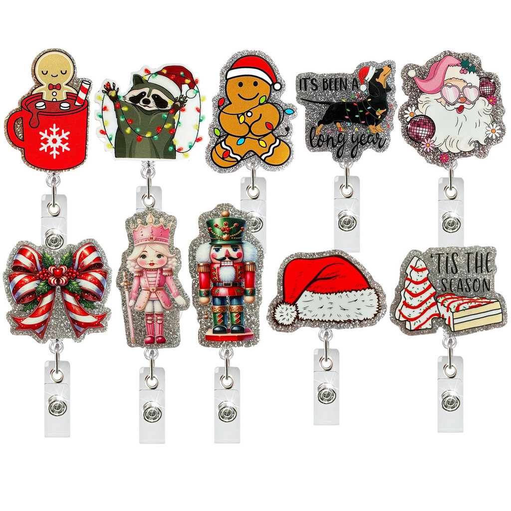 

Acrylic Christmas Badge Reel Cute Cartoon Glitter Gingerbread Man Santa Claus Badge Holder ID Holder Gift Student Name Clip