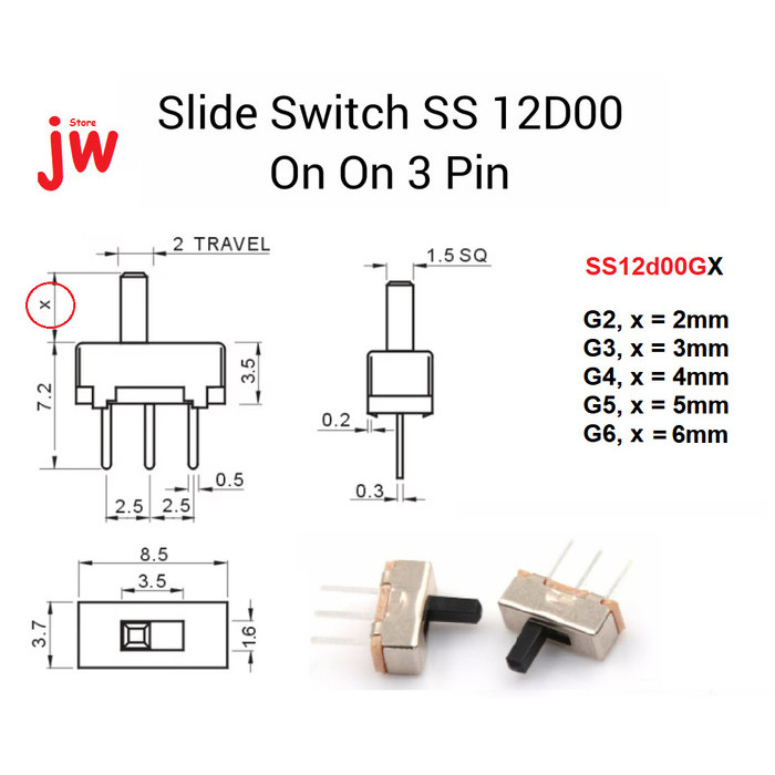 LM99 2 Buah SS12D00 SS12D00G2 SS12D00G3 Saklar Geser Mini Slide Switch On Off 3 Pin 2 Way SPDT - SS1