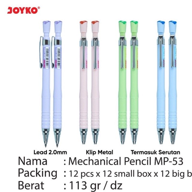 

Mp53 Joyko Mechanical Pencil / Pencil Mekanik MP-53 ketebalan 2.0 dengan rautan warna Pastel ( harga 1 pcs )