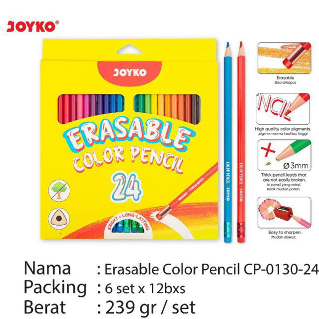 

Joyko Erasable Color Pencil 12W dan 24W / Pensil Warna 24 Warna 24 Warna bisa dihapus / Pencil Warna 12/ 24 Warna bisa Koreksi