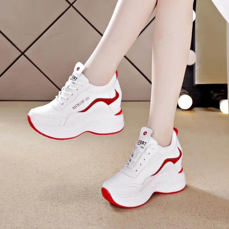 Women Leather Platform Sneakers Spring Trainers White Shoes High Heels Wedge Outdoor Sport Shoes Bre