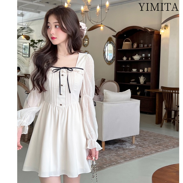 YIMITA dress gereja korean style lucu putih pantai wanita kekinian simple elegan mini lengan panjang