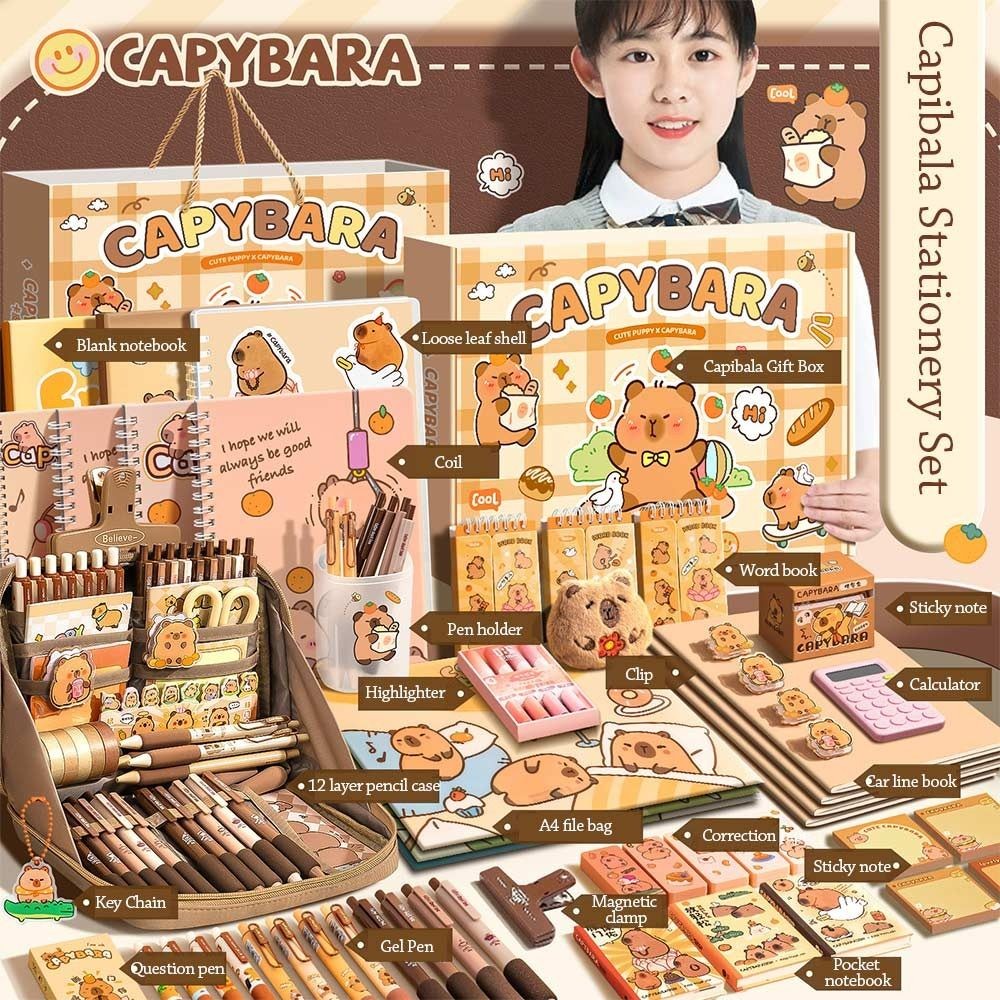 

Large Capacity Gift Box Capybara Stationery Set Abundant Pencil Case Back-to-school Gift Kit Cute Study Stationery for Students