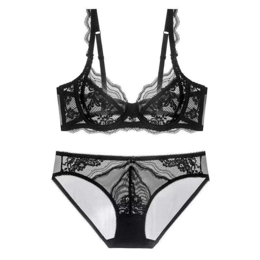 Bra Set Sexy Renda Transparan Berkawat - 037215 - 36/80B, Hitam