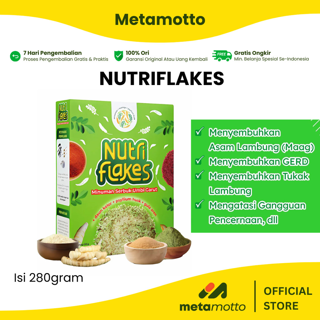 

Nutriflakes Sereal Umbi Garut Asam Lambung - Ampuh Mengatasi Asam Lambung Gerd, Maag - Metamotto