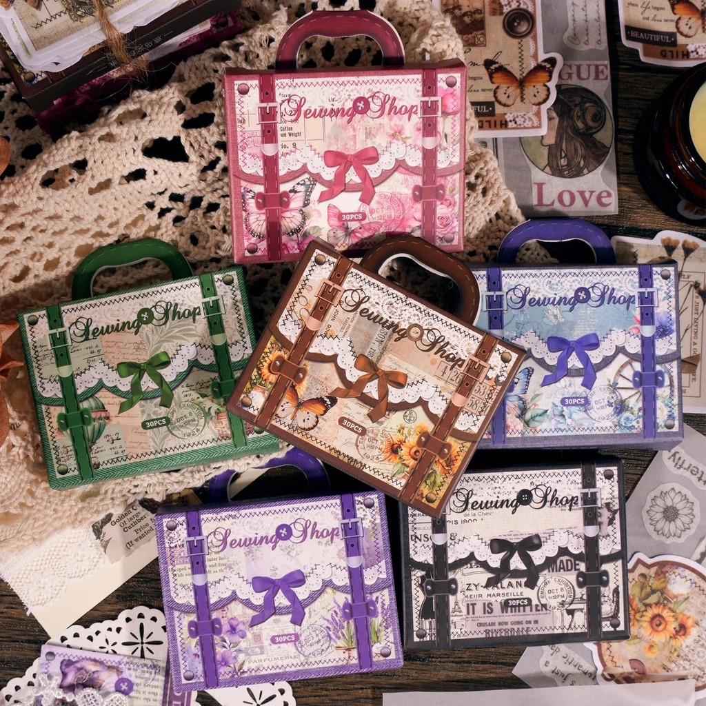 

Journamm 30pcs/box Sewing Theme Mini Box Stickers DIY Scrapbooking Materials Vintage Decorative Junk Journal Sticker Stationery