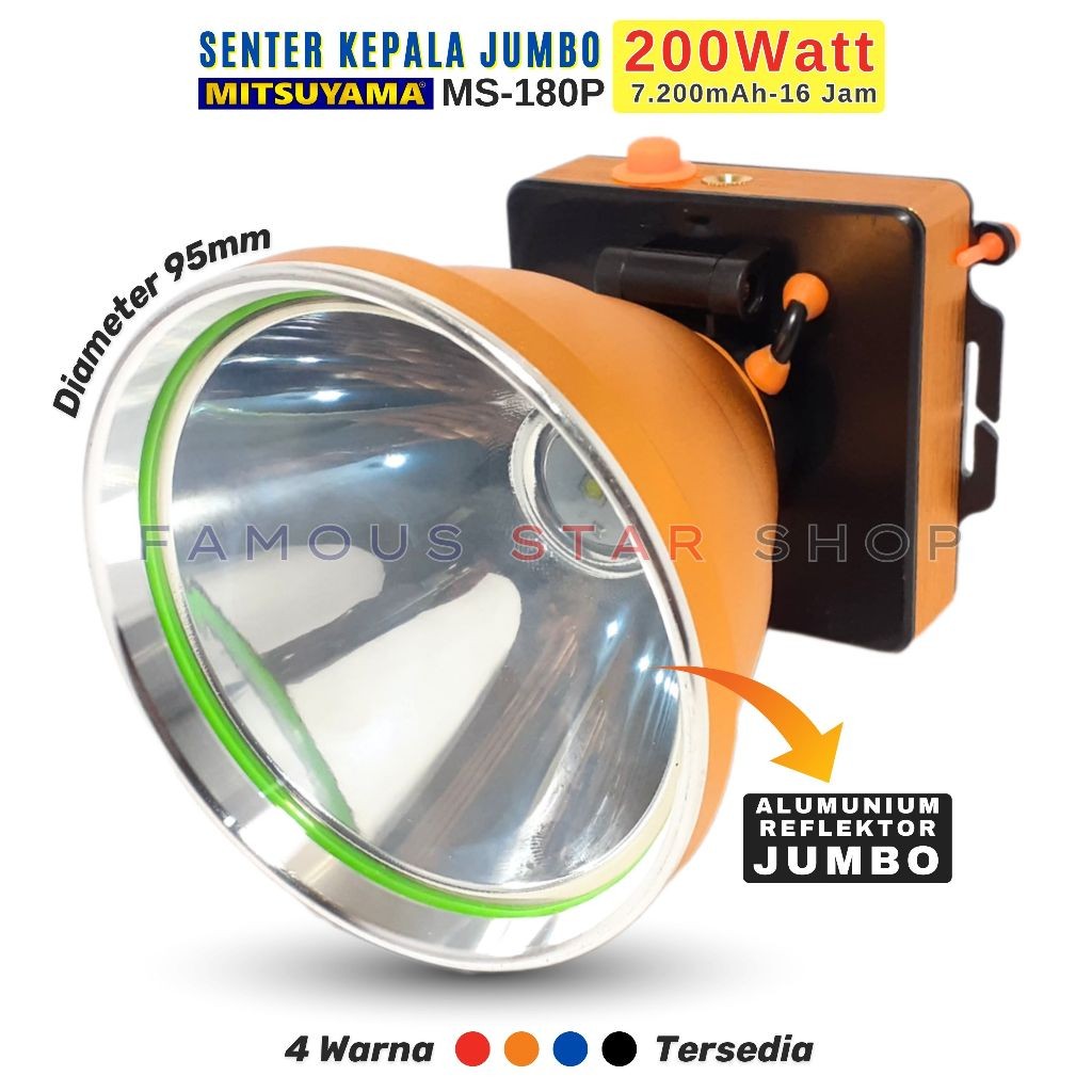 Senter Kepala 200 Watt MITSUYAMA MS-180P Cahaya Putih Super Terang Batrai 7200mAh | Headlamp Super B