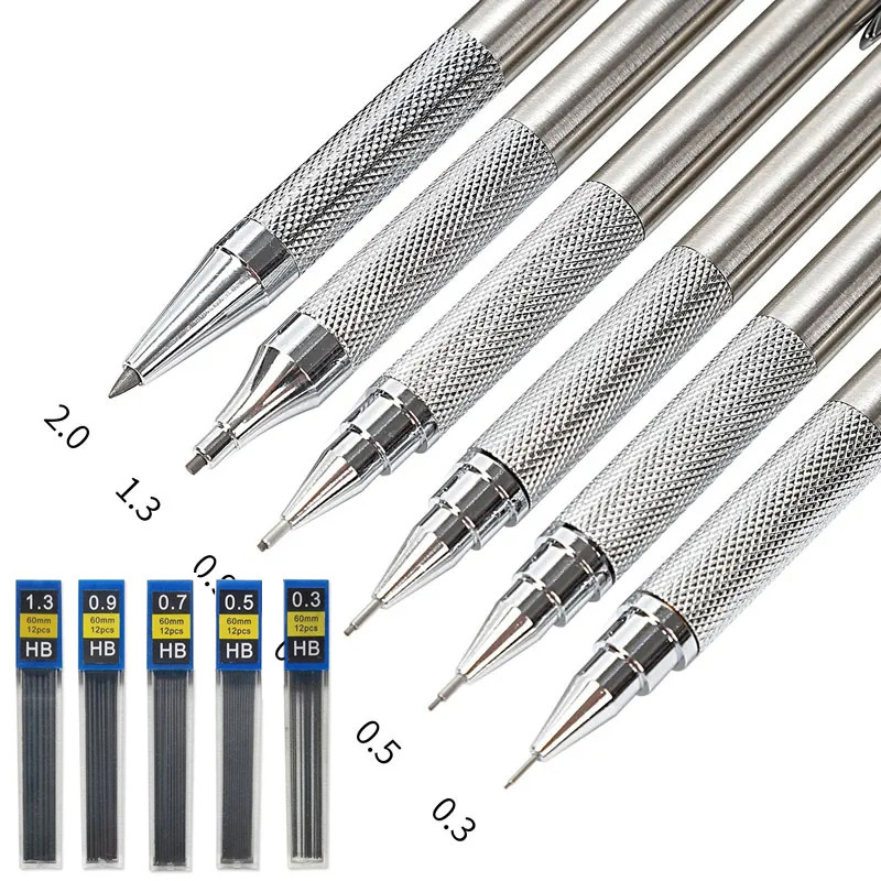 

Metal Mechanical Pencil 0.3/0.5/0.7/0.9/1.3/2.0mm Drawing Automatic HB Pencil Set with Leads Office School Supply Stationery kit
