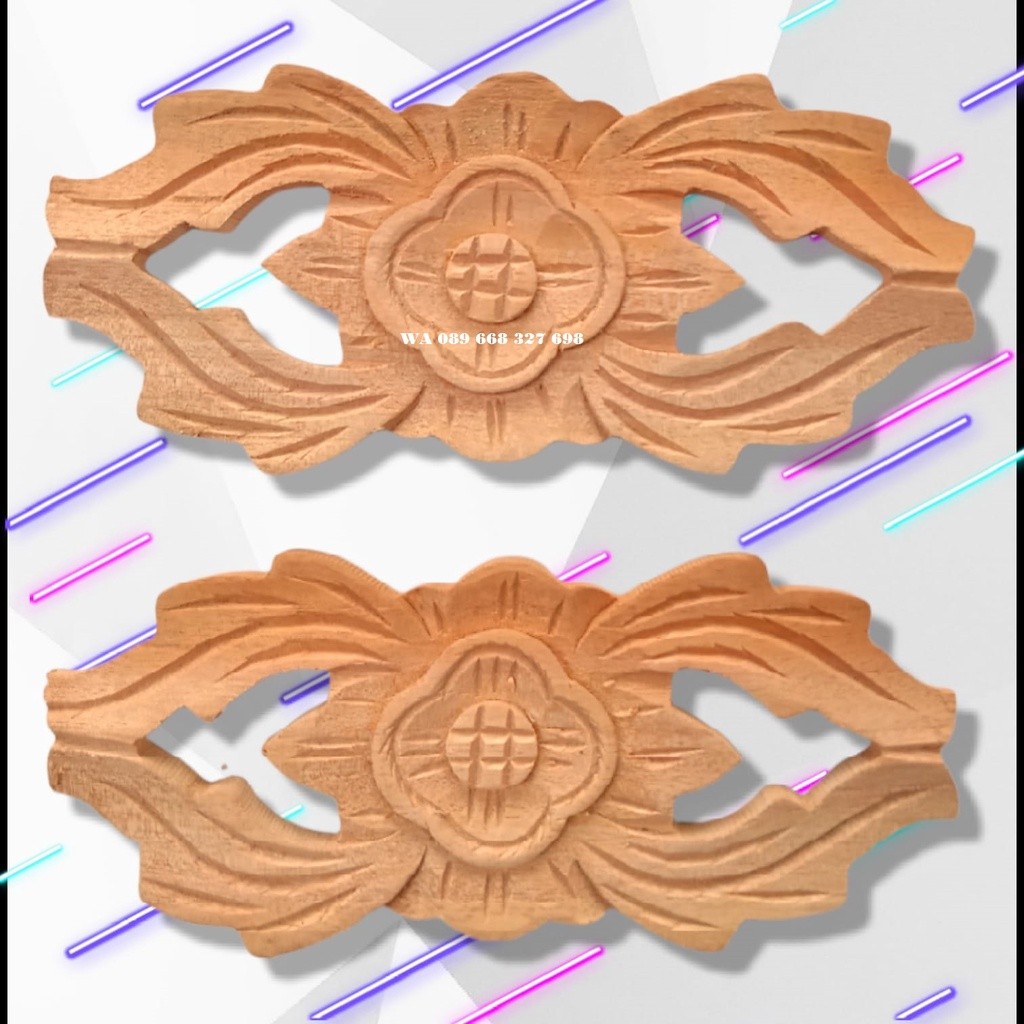 Ornamen Ukir Tempel Jepara Motif Daun untuk hiasan lemari pintu tembok ukuran 16 x 7 cm kayu mahoni