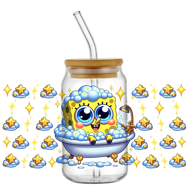 

Miniso Cute Cartoon Sponge Design 3D Washable UV DTF Transfer Sticker Waterproof Transfers for 16oz Glass Cup Wrap Stickers
