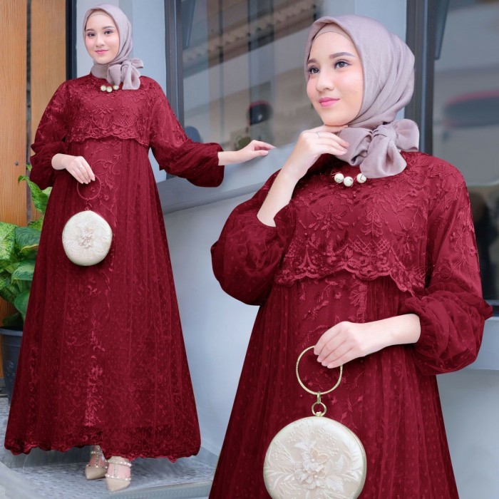 Masita Dress Kebaya Jumbo wanita Muslim model gamis maxi kekinian - MAROON, XL