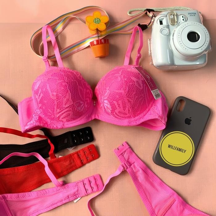 BH kawat Busa tebal, Bra kawat Busa tebal, BH brukat, Sexy Bra, Push up Bra, BRA, Strap - Pink, 32