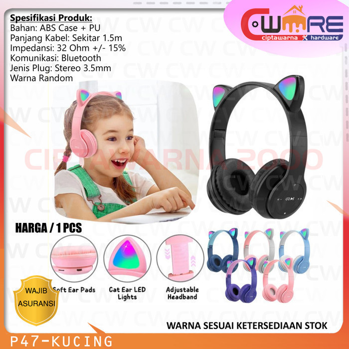 Headset Headphone Bluetooth P47 Cat Kucing Bando Wireless P47M - DBS CW2KK