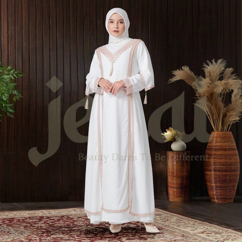 promo JENAI • Abaya Putih Turkey Terbaru - Gamis Putih Wanita Kekinian Mewah Dan Elegan