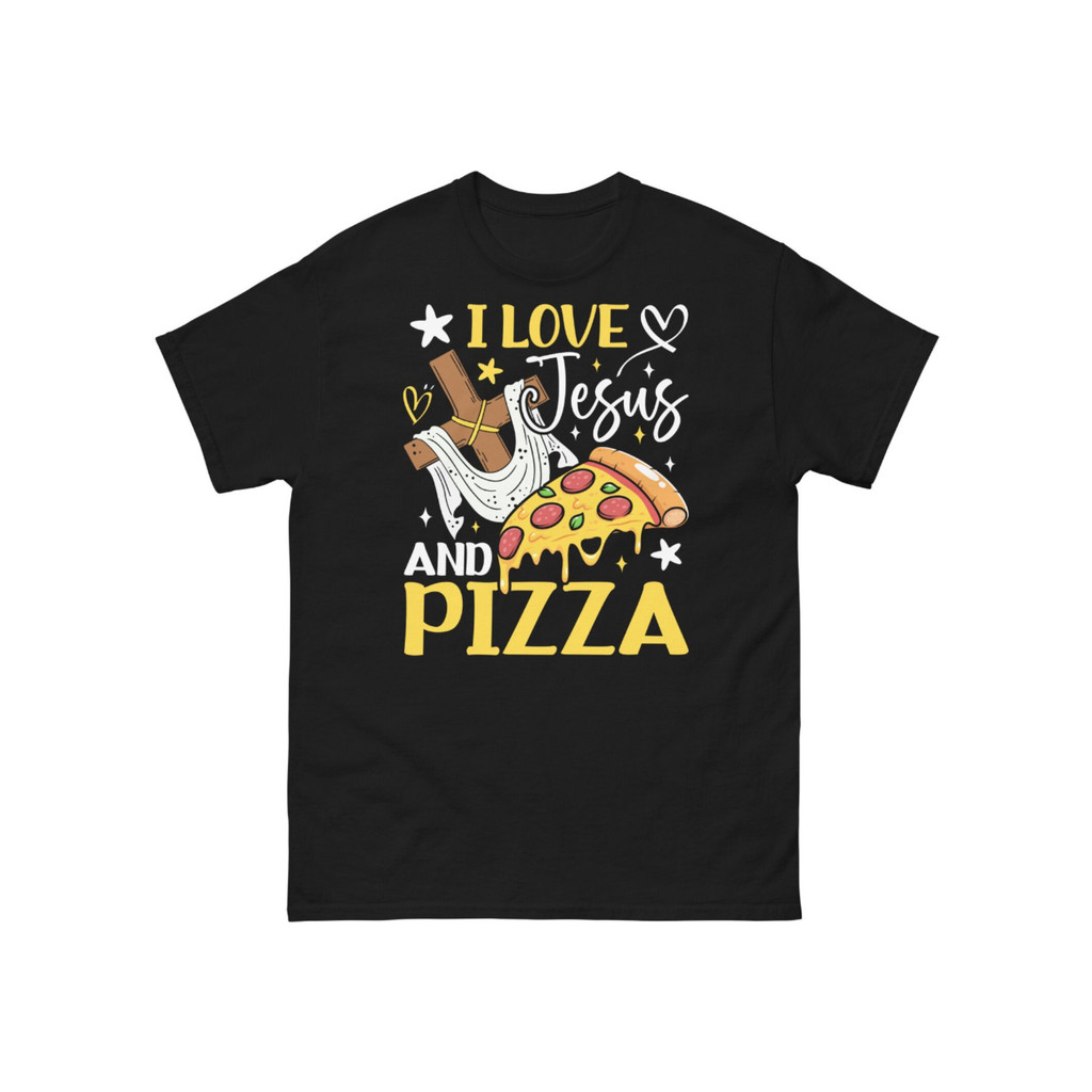 Kaos Klasik Pria Gambar Kristen Iman Pemakan Pizza dan Yesus Aku Cinta Yesus dan Pizza Musim Gugur M