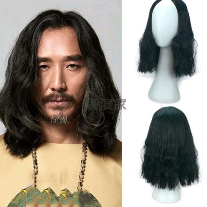 ADA Wig Pria Rambut Gondrong Berombak Belahan Tengah Warna Hitam Alami Model Pria Thailand Macho Ram