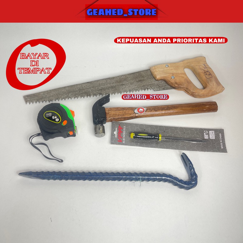 Paket Gergaji Kayu Palu Meteran dan Linggis - kikir gergaji - cetok besar - Gergaji baja asli siap p