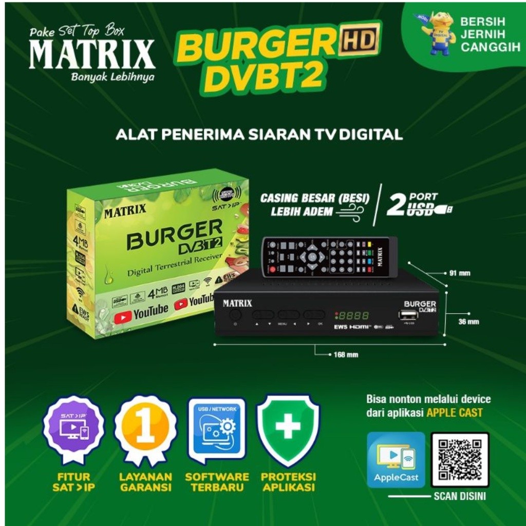 Set Top Box Tv Digital Matrix Apple  Burger Hijau DVB T2 Apple HD EWS / set top box dvb t2 / set box