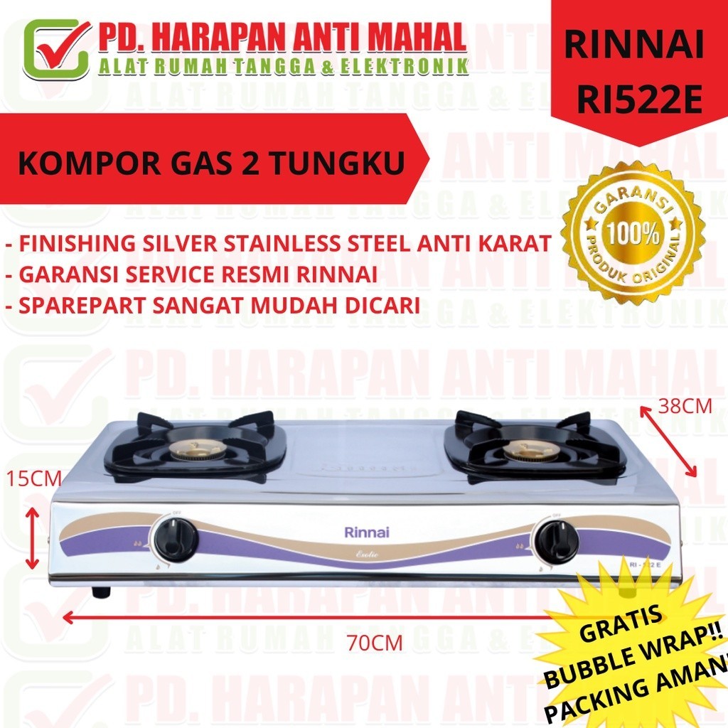 Kompor Gas 2 Tungku Stainless Steel Rinnai RI522e / Kompor Gas 2Tungku Stainless Steel Rinai RI 522E