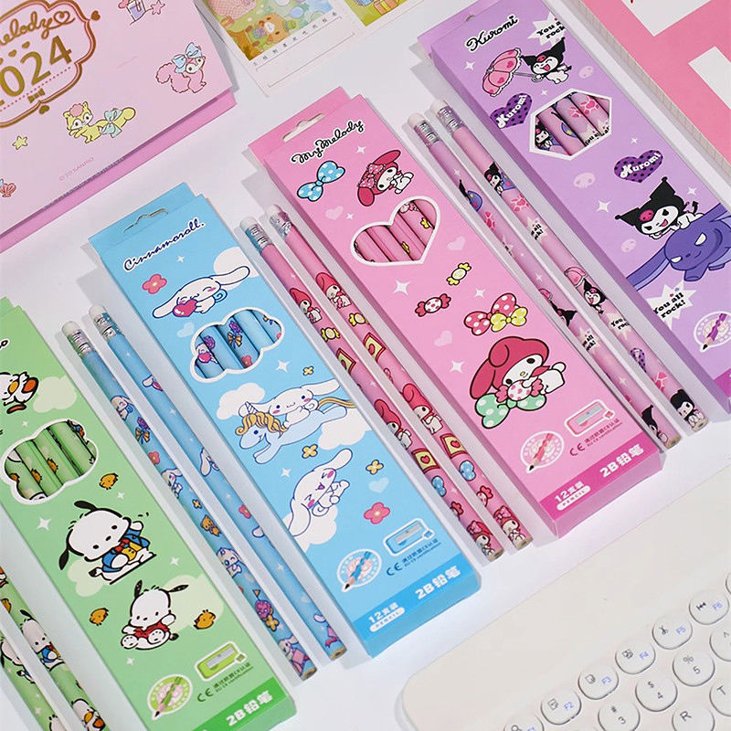 

12Pcs/Box Sanrio Pencil Melody Kuromi Cinnamoroll 2B Black Write Draw Pencils Students Stationery School Children Gift