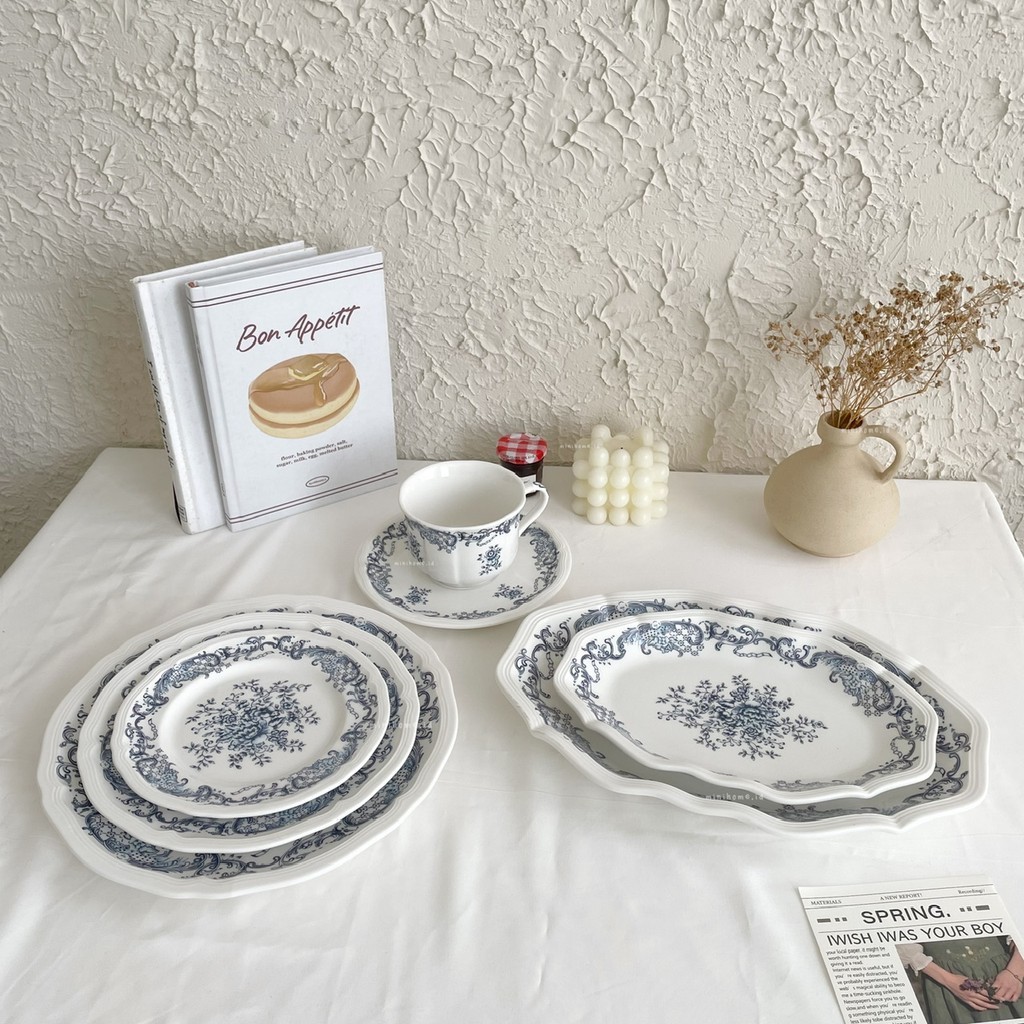 MINIHOME - SONA Plate Round Oval Gelas Piring Makan Teacup Kopi Susu Piring Kecil Motif Bunga Saucer