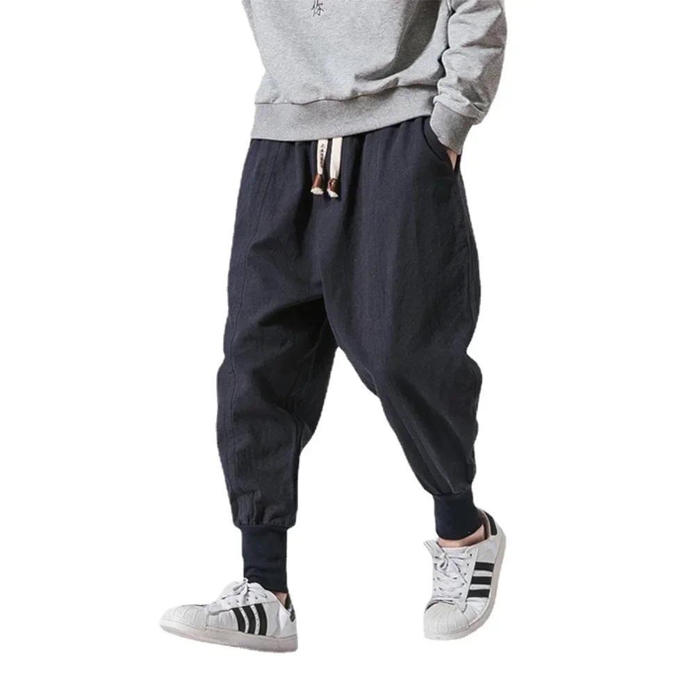Cotton Linen Harem Pants Men Solid Elastic Waist Streetwear Joggers 2024 New Baggy Drop-crotch Pants