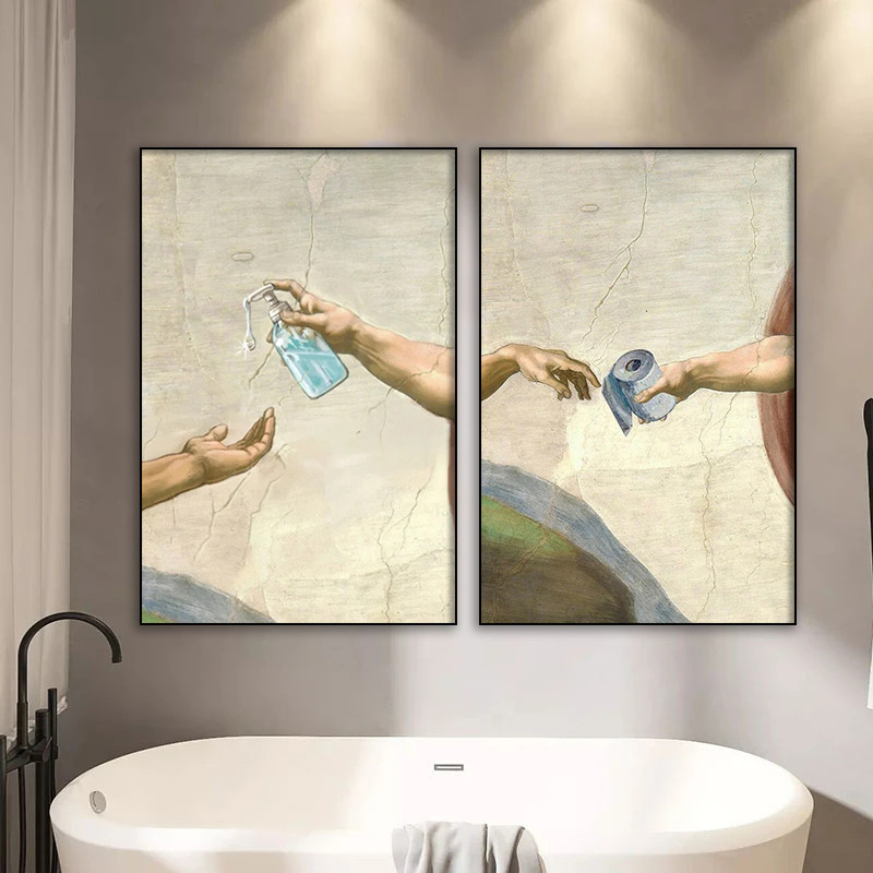 

Retro Hand of God and Adam Funny Toilet Paper Picture Canvas Painting Poster For Wash Room Bathroom Living Wall Art Home Decor