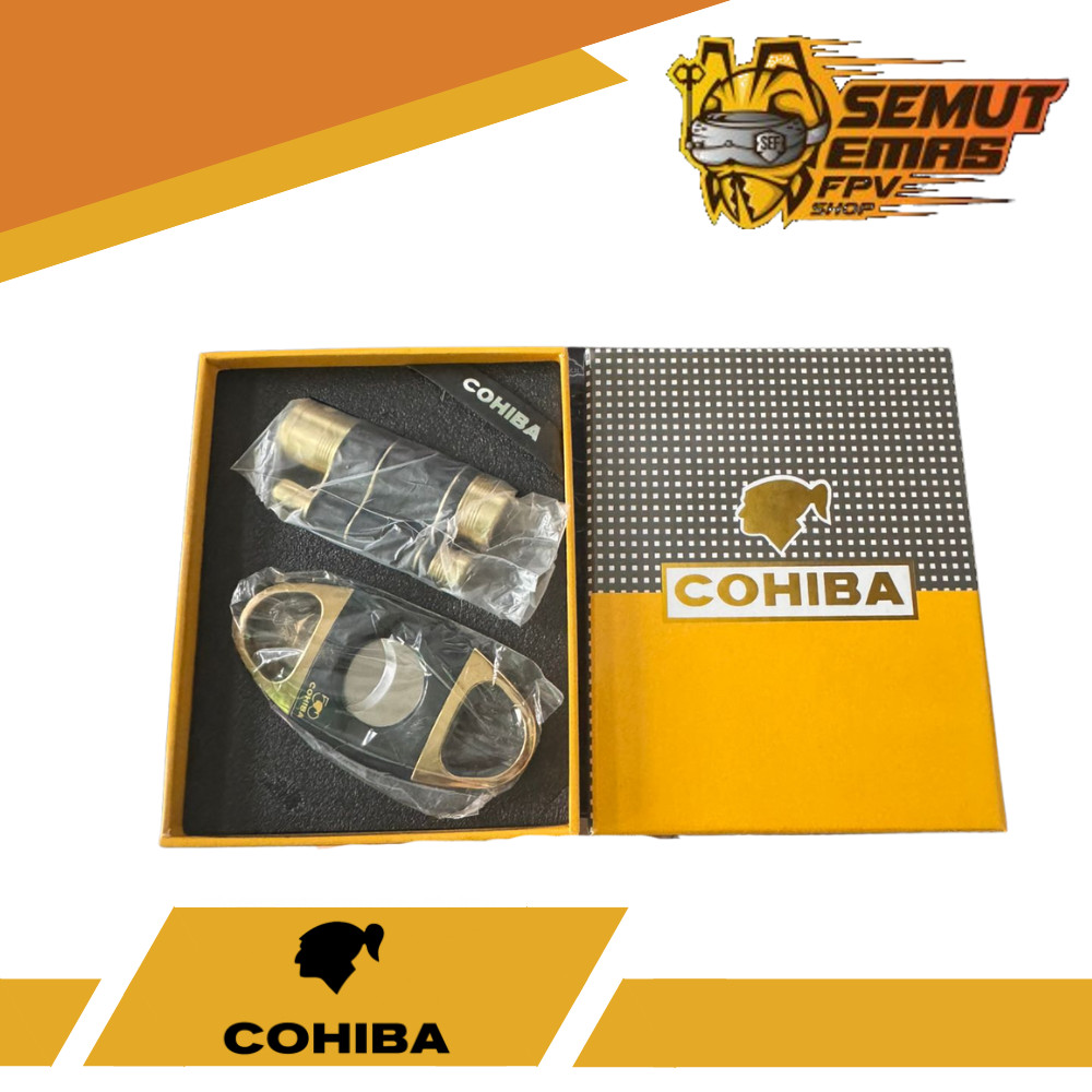COHIBA Cigar Lighter Gift Set Double Jet 2 Tabung Korek Cerutu Gold